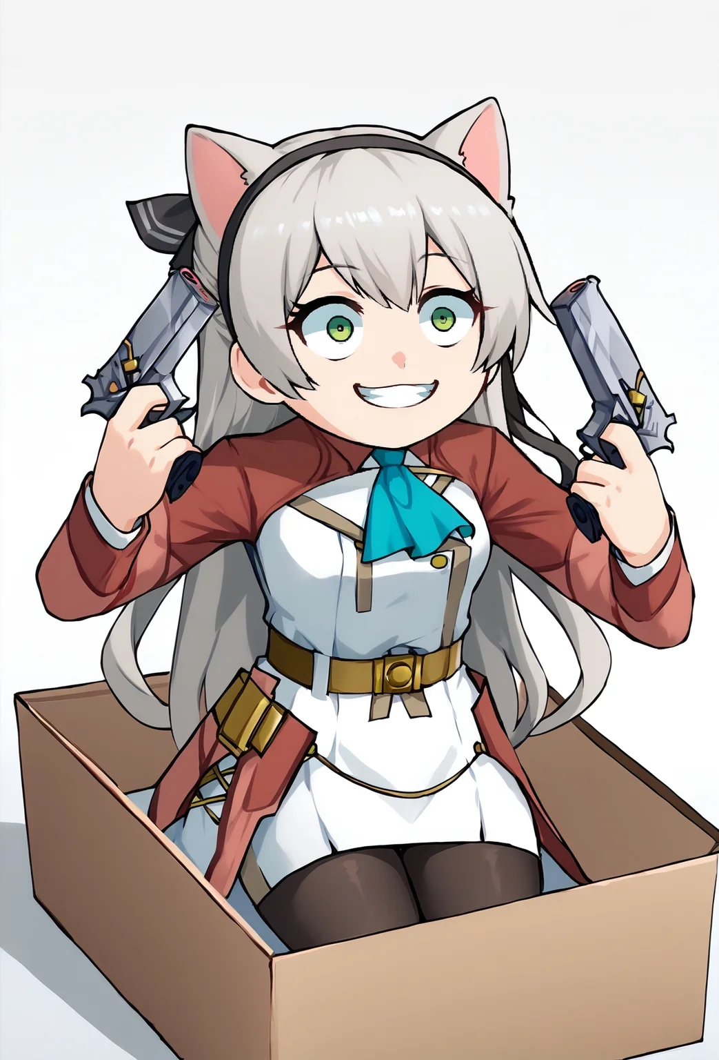 b0xe,in box,chibi,cardboard box,
cat ears,
score_9, score_7_up,
zeroelie, grey hair, long hair, green eyes, black hairband, hair ribbon, black ribbon, red shrug top, blue ascot, white dress, yellow belt, skirt, thighs, black pantyhose,
handgun, holding gun, holding weapon, dual wielding, finger on trigger, smile, grin, crazy eyes
<lora:chibi_box_b0xe_v2.1:0.9> <lora:discord_nekonekonekone_ponyXL:0.8> <lora:DanielRadcliffeHoldingTwoGunsMeme_pdxl_Incrs_v1:0.7> <lora:elie-pdxl-nvwls-v2:1>