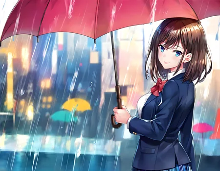 <lora:pony_xl_yayoi:0.9>,yayoi,score_9,score_8_up,score_7_up,source_anime,1girl,solo,school uniform,blue jacket,open jacket,long sleeves,white collared shirt,red bowtie,blue mini skirt,plaid skirt,pleated skirt,shiny hair,smile,lonely,standing,holding_umbrella,i have an umbrella,available light,rain,sky,cityscape,city,street,lamppost,power_lines,umbrella,upper_body,looking_back,