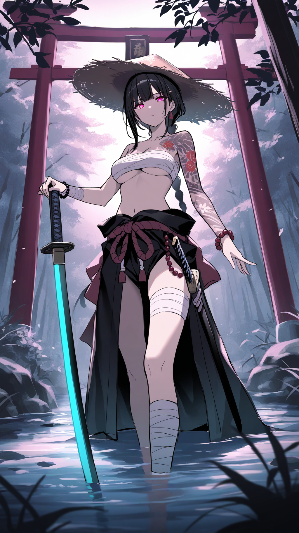masterpiece, best quality, good quality, very awa, newest, highres, absurdres, 1girl, solo, long hair, breasts, black hair, hat, jewelry, braid, weapon, sword, holding weapon, water, bracelet, tattoo, underboob, leaf, holding sword, bandages, katana, rope, wading, beads, sarashi, straw hat, arm tattoo, torii, bandaged leg, shimenawa, planted, planted sword, hand on hilt, samurai, rope belt, rice hatï¼
looking at viewer, limited palette, sketch, glowing, psychedelic,,masterpiece,absurdres,best score,high score