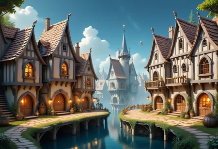 <lora:Flux-XL_Scenery:1>,flux-scenery Medieval fantasy wooden town, soft muted colors, ambient warm lighting, filled with floating dust motes, nostalgic charm, whimsical clutter, dream-like quality, ultra-detailed craftsmanship, inviting warmth, idyllic