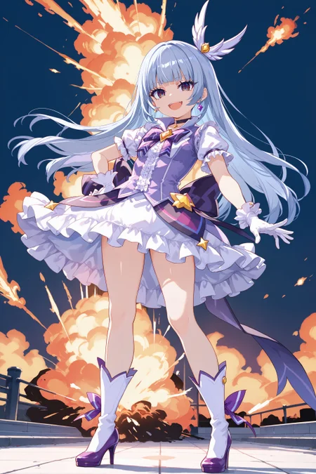 score_max, (score_9, score_8_up, score_7_up:1.2), score_6_up, official art,
, masterpiece, absurdres, high detail, 8k,
explosion, lens flare,
standing, legs apart, hand on hip, reaching towards viewer, open hand, smile, open mouth, looking at viewer,
, luxu, magica2019, wing hair ornament, choker, purple dress, bowtie, brooch, purple bow, short sleeves, frills, white gloves, knee boots, purple footwear. heels
<lora:XL_Pony_MGCM-luxuria-t1:1.0>