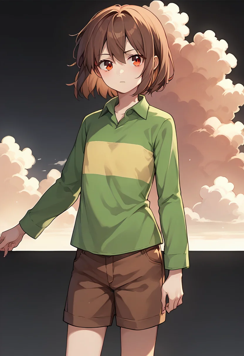 score_9, score_8_up, score_7_up, source_anime , <lora:Chara pony:0.7>, chara, 1girl, shorts, shirt, brown hair, solo, striped, collared shirt, simple background, brown shorts, long sleeves, cowboy shot, green shirt, striped shirt, red eyes, flat chest, black sky, red sky, cumulus clouds