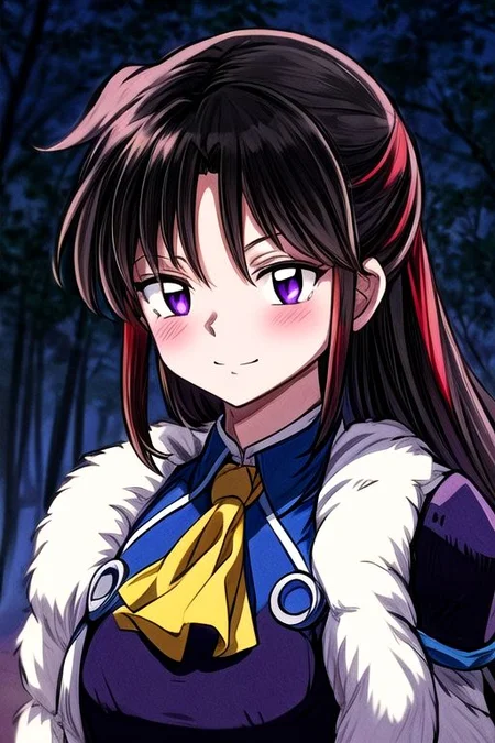 masterpiece, best quality 1girl Setsun4 solo long hair, (night time) forest background black hair very long hair purple eyes multicolored hair armor (fur trim) (medium body),<lora:EMS-179-EMS:0.800000>,<lora:EMS-293862-EMS:0.800000> bow, hair_bow, hair_tubes, red_bow, brown_hair, long_hair, bangs, ascot, frilled_bow, yellow_ascot, blush, smile, hair_between_eyes, athletic, armor