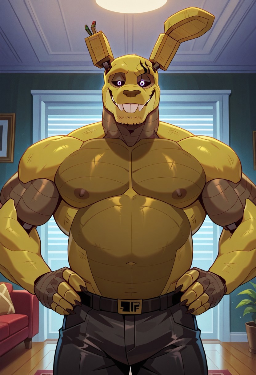 score_9_up, score_8_up, score_7_up, high quality, detailed, male, solo male, SpringtrapKJ, 1boy, mature male, anthro, rabbit, animatronic, robot, olive yellow body, claws, animal ears, black sclera, purple eyes, muscular male, buff, looking at viewer, smiling, indoors, living room, standing, half-body, bust shot, nipples, belly, muscle gut, black pants, hands on hips, stubble