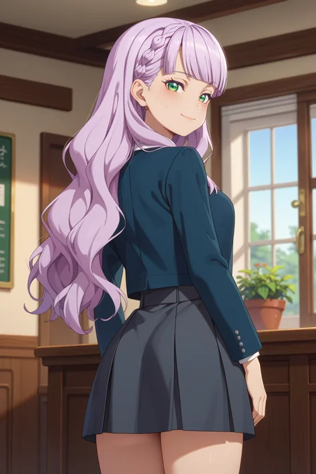 <lora:margarete_izo:0.8>
score_9, score_8_up, score_7_up, 1girl, solo,
margarete, long hair, light purple hair, green eyes, braid,
medium breasts, yuigaoka school uniform, winter uniform, long sleeves open blue jacket, sleeveless grey pinafore dress, thighs,
seductive gaze, bedroom eyes, closed mouth, loving smile,
blush, looking at viewer, standing, from behind, looking back,
indoors, blurry background,