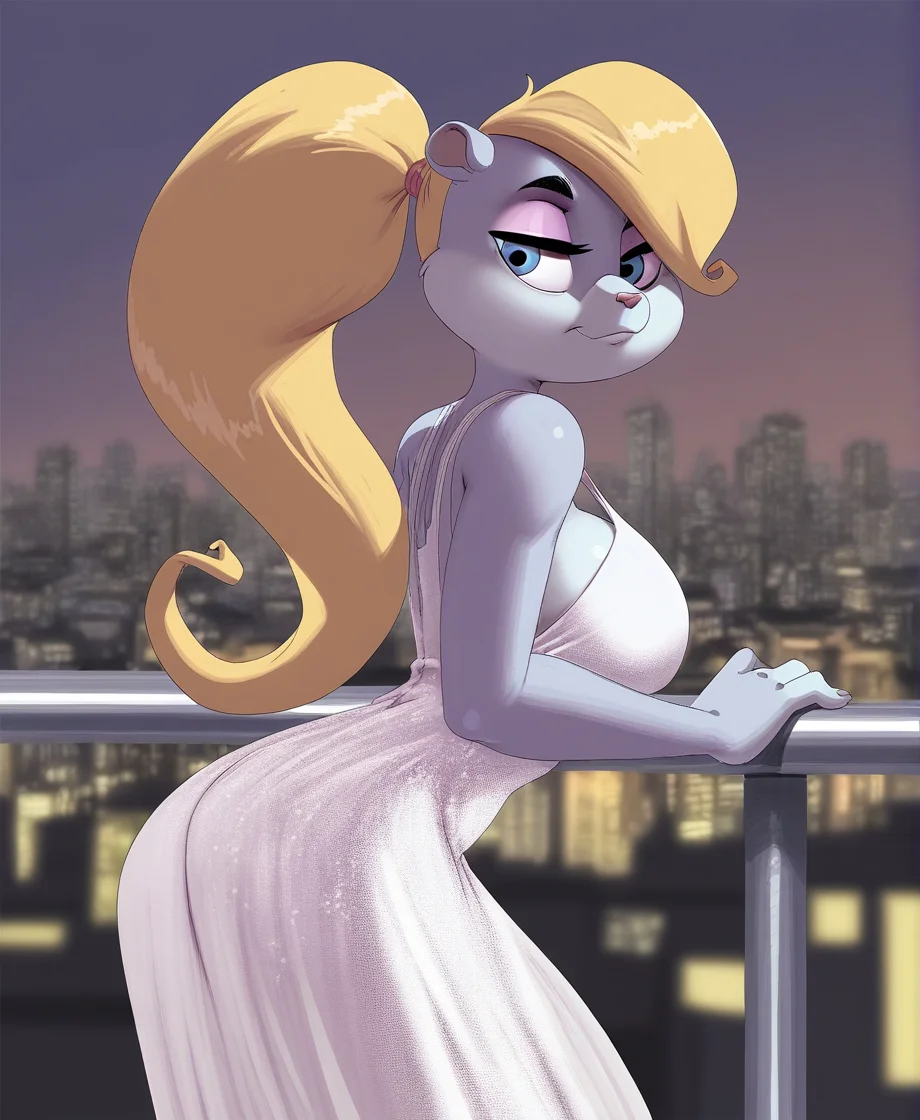 masterpiece, highly detailed, solo, berri, female, blonde hair, ponytail, blue eyes, eyeshadow, white evening dress, city skyline, by kevinsano, <lora:BerriXL_053-Noob-nd32-na32-lr2-ep19:1>