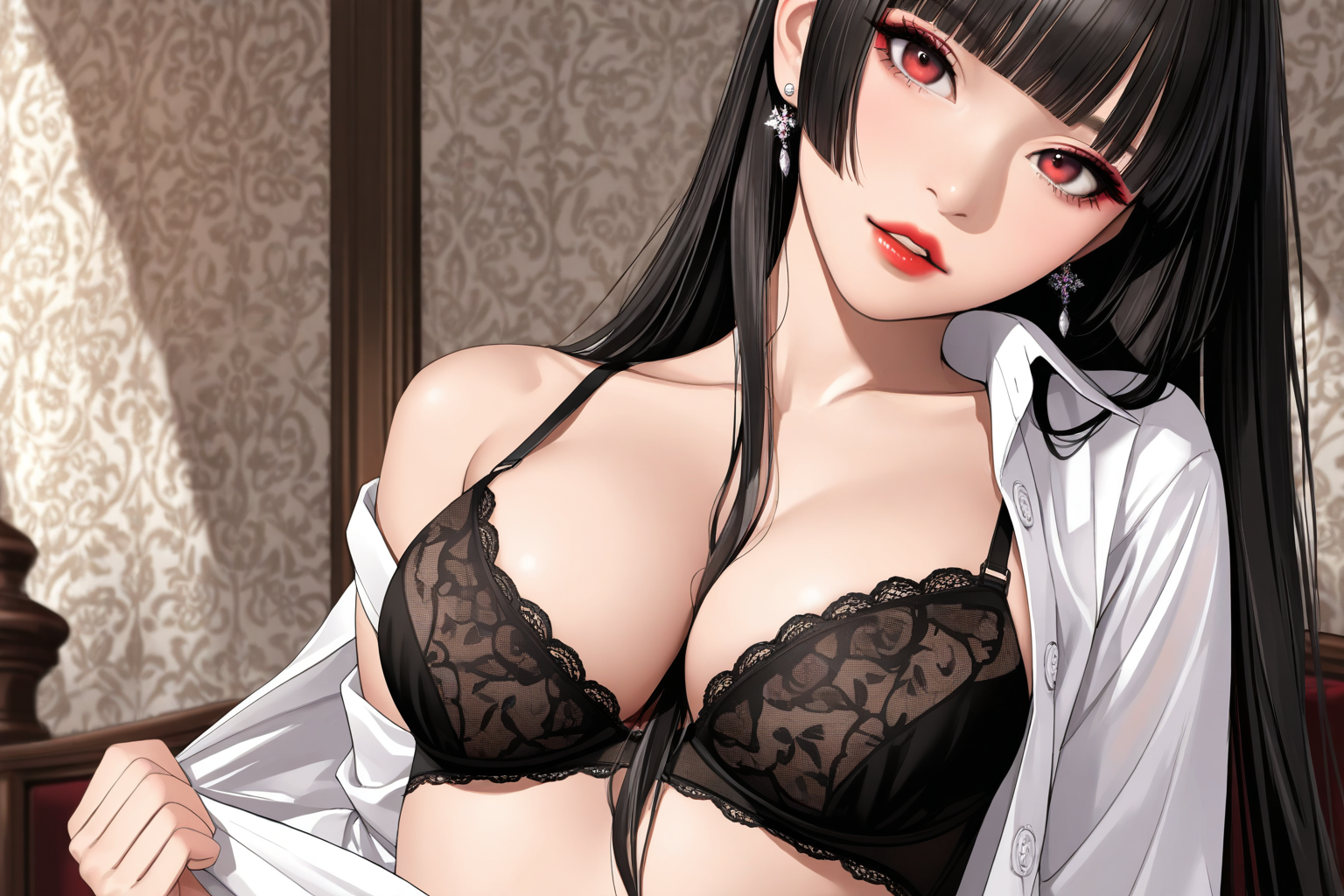 1girl, masterpiece, best quality, 4k wallpaper, solo, red eyes, black bra, earrings, long hair, looking at viewer, parted lips, black hair, white shirt, cleavage, open shirt, partially unbuttoned, red lips, collared shirt, upper body, makeup, blunt bangs, lace-trimmed bra, collarbone, hime cut, large breasts, hair between breasts, head tilt,(realistic),masterpiece,absurdres,best score,high score