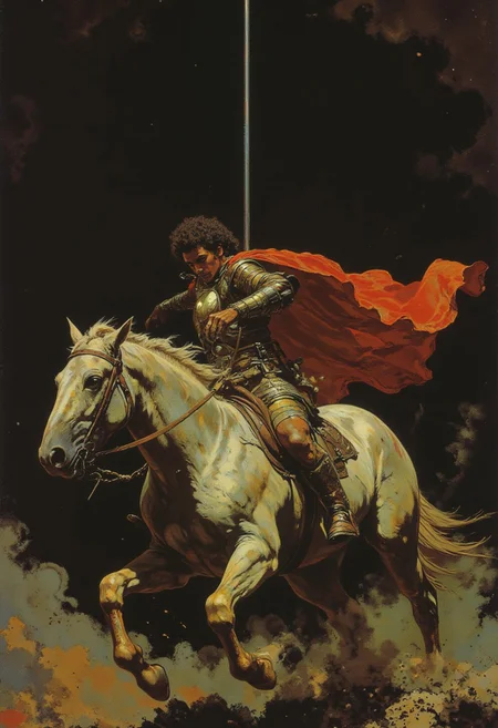 A detailed oil painting in classical style portrays a warrior on horseback. The muscular young man with curly dark hair wears gleaming, golden armor, intricately patterned for a regal appearance. His intense expression and determined gaze exude focus, while a flowing red cloak billows behind him, adding dramatic movement. He grips the reins of the horse with his left hand, while his right hand raises a weapon in preparation for battle. The white stallion, captured mid-gallop, shows powerful muscles rippling under its glossy coat, its legs extended forward with dynamic speed. The background features dark, tempestuous clouds swirling around, creating a tense atmosphere that highlights the warrior’s heroic stance. The painting’s textures—smooth armor, rough mane—bring the historical accuracy to life. A chrome silver line runs asymmetrically through the composition, partially obscuring the warrior’s face, introducing a modern surreal twist to this timeless battle scene. The scene captures valor, urgency, and a striking contrast between historical and contemporary elements.