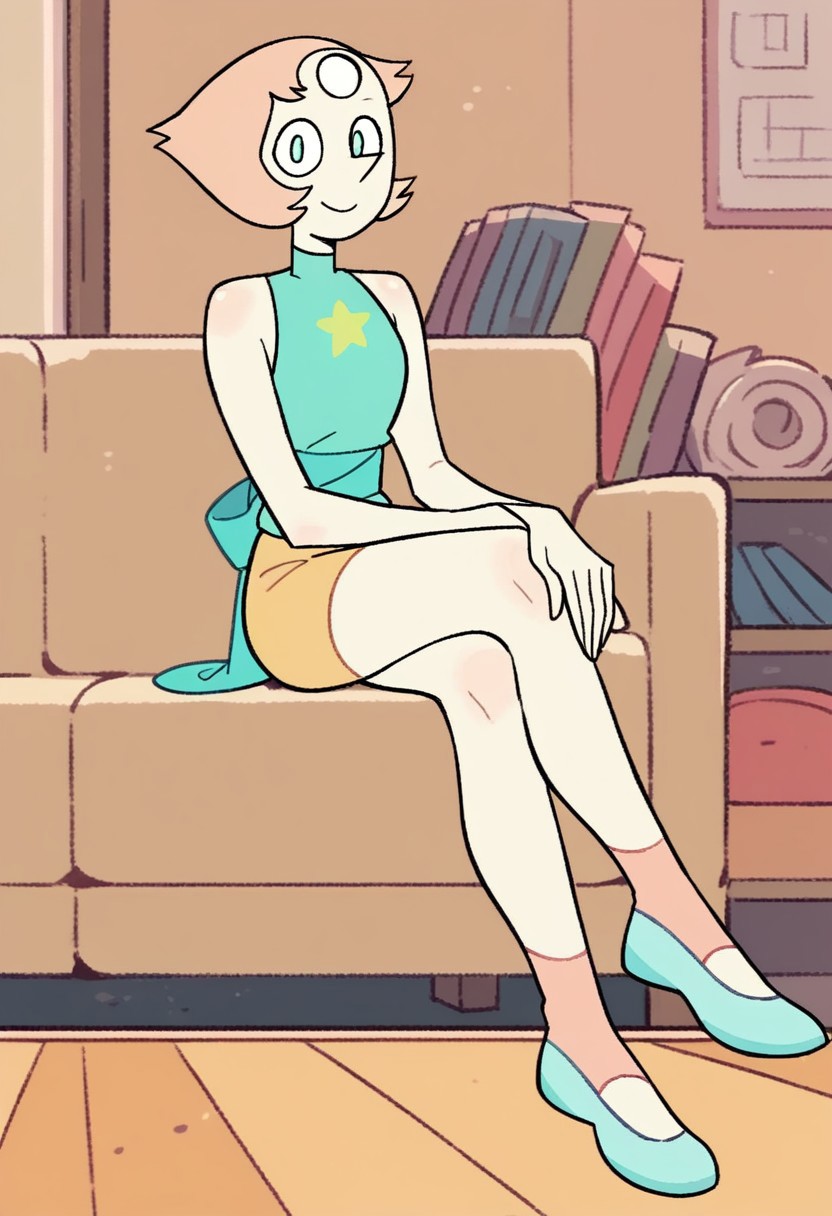 score_9, score_8_up, score_7_up, 1girl, solo, p3arl, pink hair, short hair, aqua shirt, sleeveless, yellow shorts, pink socks, blue footwear, looking at viewer, smile, sitting, full body, indoors