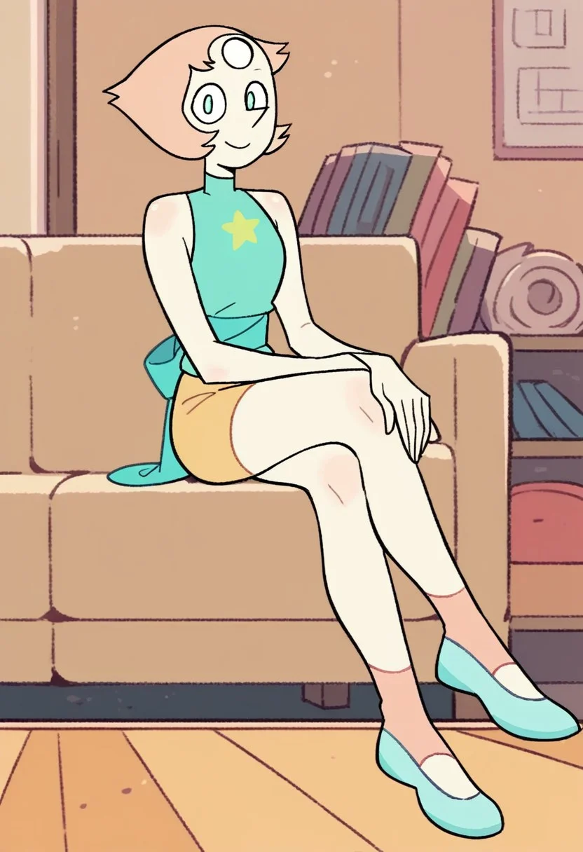 score_9, score_8_up, score_7_up, 1girl, solo, p3arl, pink hair, short hair, aqua shirt, sleeveless, yellow shorts, pink socks, blue footwear, looking at viewer, smile, sitting, full body, indoors