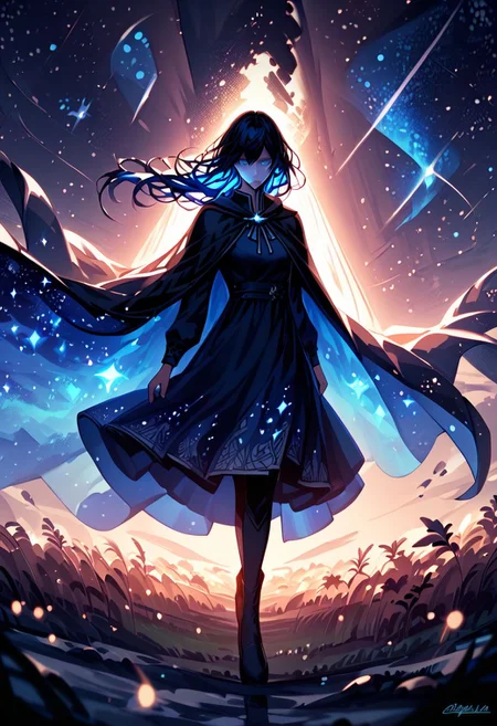 score_9, score_8_up, score_7_up, score_6_up, score_5_up, score_4_up, realistic, concept art
BREAK outside, night, stars, glitter, sparkles, mist, dramatic lighting, action shot
BREAK nyx, goddess of the night, glowing blue eyes, ethereal hair, long flowing hair, dress, cape, wind
<lora:Nyx-GoddessOfTheNight_ponyXL_v10:1> <lora:Guweiz_ponyXL_v10:0.6>