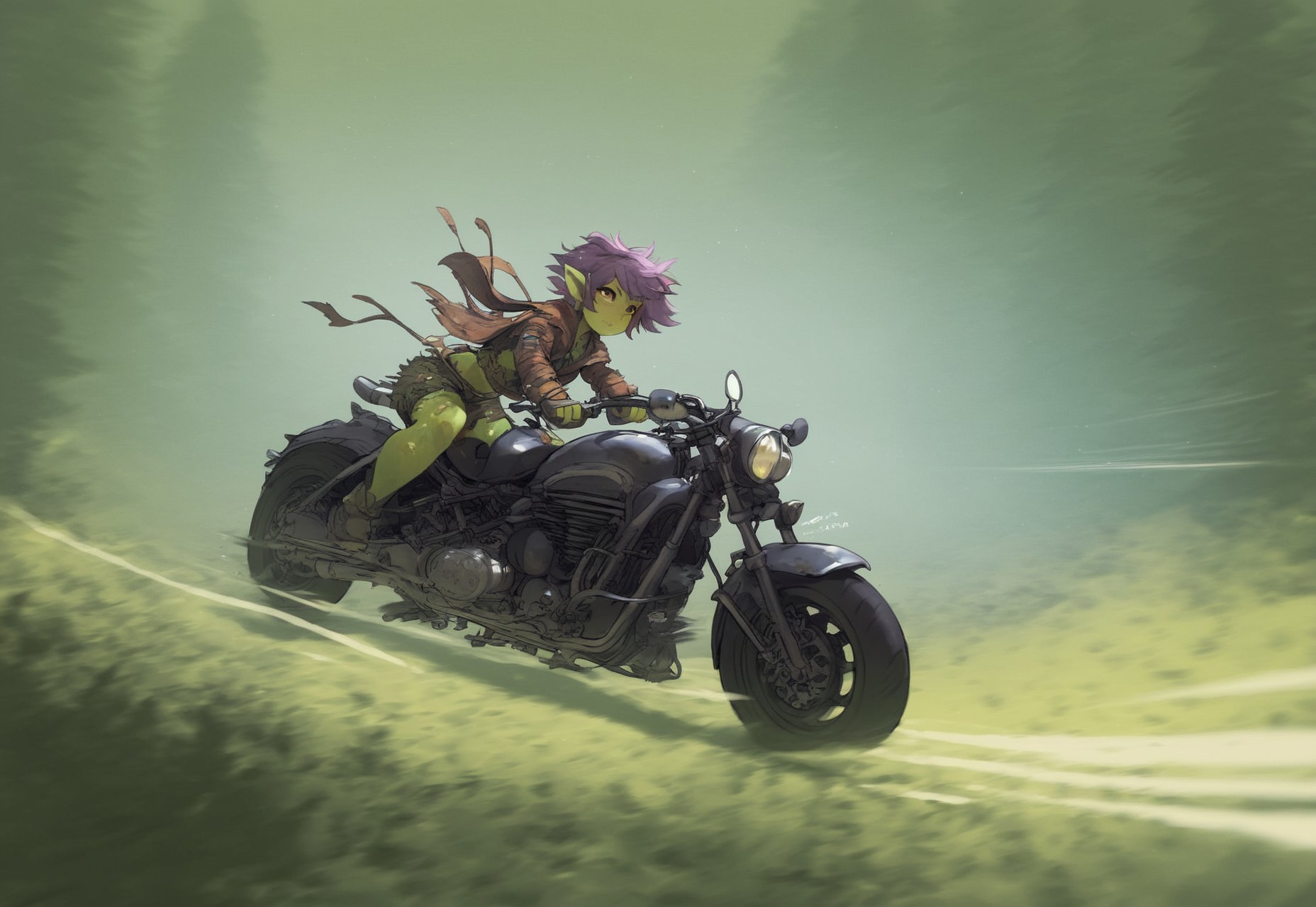 score_9,score_8_up,score_7_up, goblin girl, green skin, purple hair, messy side cut, short, shortstack, brown eyes, tattered clothing, leather clothing, covered, riding motorcycle, panic, action shot, motion blue, dynamic angle, speed lines, depth of field, detailed background, forest, daytime