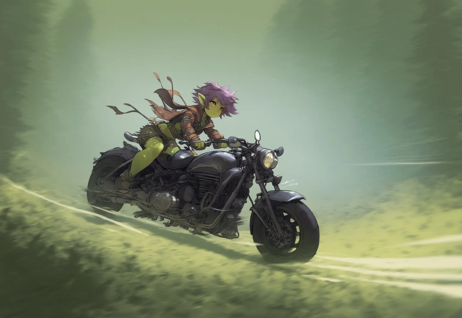 score_9,score_8_up,score_7_up, goblin girl, green skin, purple hair, messy side cut, short, shortstack, brown eyes, tattered clothing, leather clothing, covered, riding motorcycle, panic, action shot, motion blue, dynamic angle, speed lines, depth of field, detailed background, forest, daytime