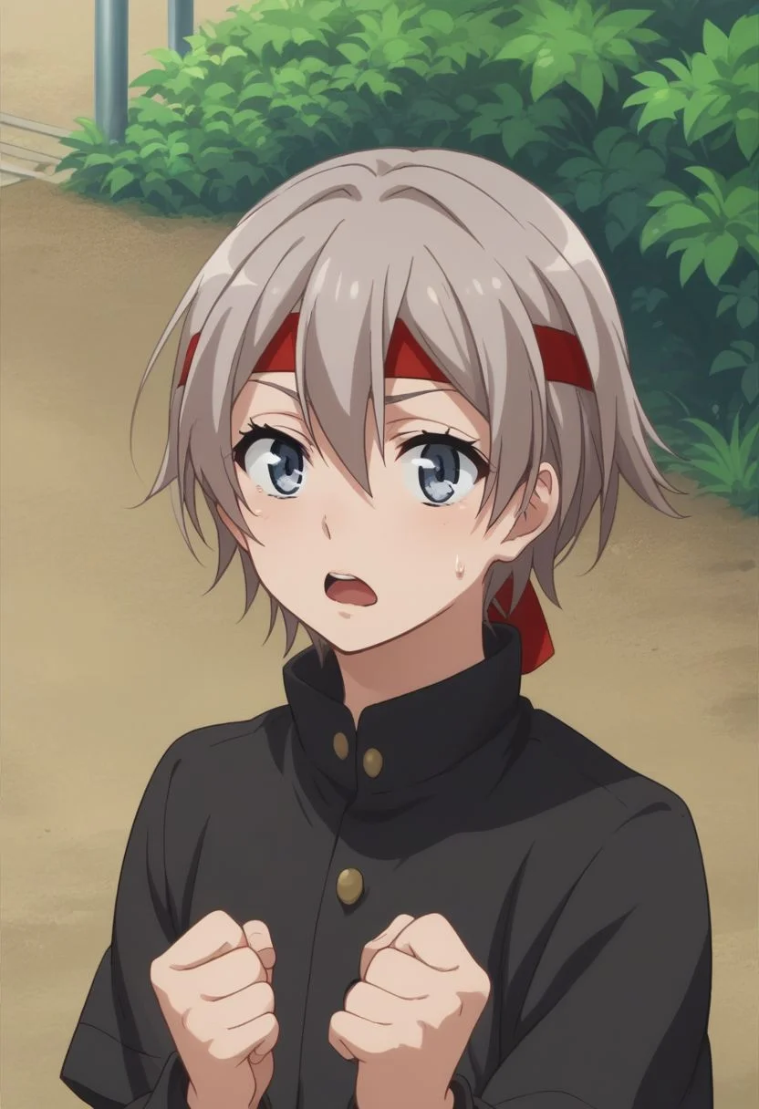 score_9, score_8_up, score_7_up, source_anime, highly detailed,
saika, solo, headband, gakuran, school uniform, blue eyes, male focus, 1boy, parody, grey hair, sweatdrop, short hair, open mouth, clenched hands, hair between eyes, grey eyes,
outdoor,