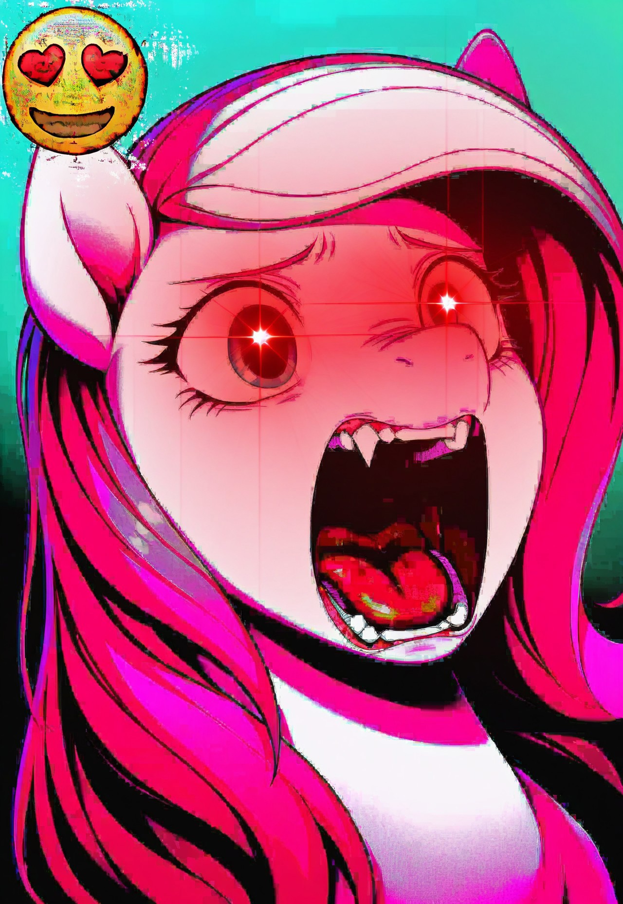 solo, long hair, pink skin, blue eyes, pink hair, animal ears, horse ears, furry, my little pony,
h3art, sm1l3, glowing eyes, screaming, gradient background, aqua background, green background,
masterpiece, best quality, absurdres, very aesthetic