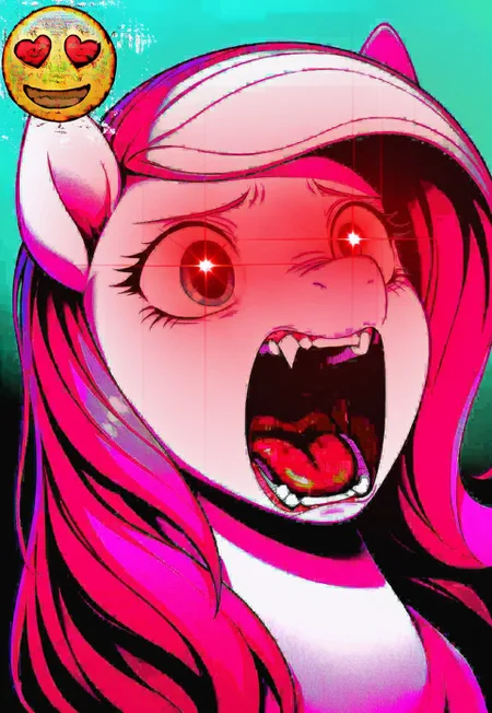 solo, long hair, pink skin, blue eyes, pink hair, animal ears, horse ears, furry, my little pony,
h3art, sm1l3, glowing eyes, screaming, gradient background, aqua background, green background,
masterpiece, best quality, absurdres, very aesthetic