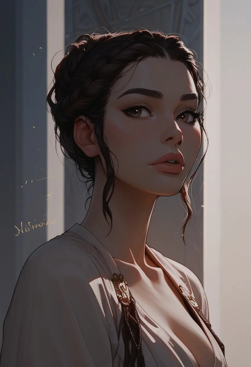 (score_9, score_8_up, score_7_up). ( line work, excellent drawing, highest quality, extremely detailed:1.2). 1woman, Greek Goddess Hera, perfect face, beautiful brown eyes, long lashes, dark hair, princess braid, glossy lips, ancient greek dress, g0thicPXL, romantic, cinematic lighting, volumetric lighting, motion effects, source_cartoon