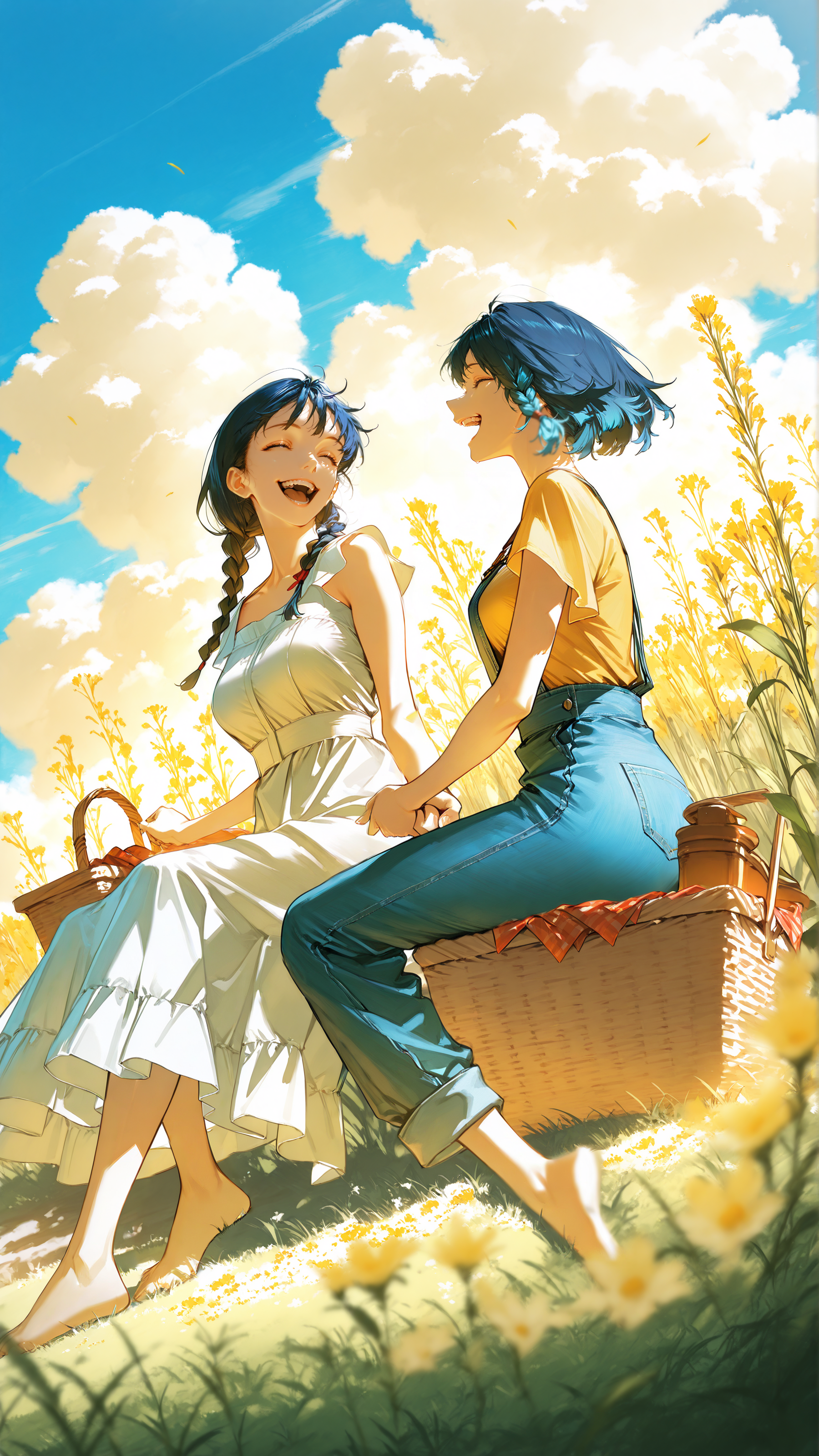 masterpiece, newest,absurdres,incredibly absurdres, best quality, amazing quality, very aesthetic,
2girls, sitting on grassy hill, wildflowers around, blue sky with clouds, one with long black hair in braids, wearing a white sundress, the other with short red hair, wearing a yellow t-shirt and denim overalls, holding hands, happy, barefoot, picnic basket beside them, gentle breeze, blurry foreground,
 <lora:Face_Enhancer_Illustrious:0.6> <lora:Anime_artist_illustrious_r1:1> Anime-art, Art8st