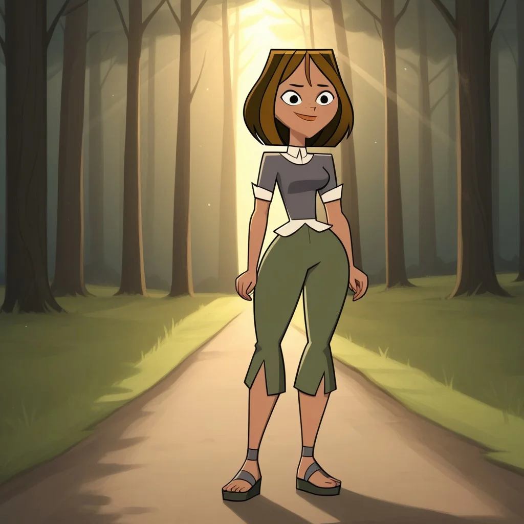 score_9, score_8, BREAK, solo, brown hair, black eyes, lips, collared shirt, grey sweater, short sleeves, green pants, dark skin, sandals, freckles, breasts, Total Drama, Courtney_(Total_Drama), sexy pose, smile, outdoors, sunlight, shadows, evening lighting, natural lighting, forest, trees, grass, orange sky, sunset