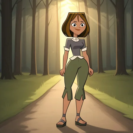 score_9, score_8, BREAK, solo, brown hair, black eyes, lips, collared shirt, grey sweater, short sleeves, green pants, dark skin, sandals, freckles, breasts, Total Drama, Courtney_(Total_Drama), sexy pose, smile, outdoors, sunlight, shadows, evening lighting, natural lighting, forest, trees, grass, orange sky, sunset