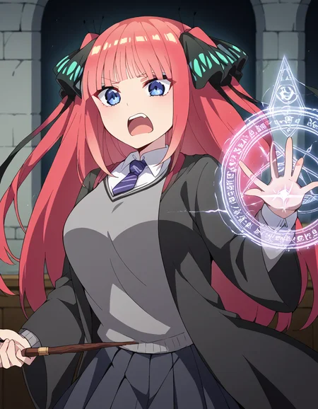 score_9, score_8_up, score_7_up, source_anime, <lora:nnakano-s2-ponyxl-lora-nochekaiser:1>, long hair, bangs, blue eyes, hair ornament, hair ribbon, pink hair, blunt bangs, two side up, butterfly hair ornament, large breasts,, <lora:hogwarts-school-uniform-ponyxl-lora-nochekaiser:1> hogwarts school uniform, black robe, holding wand, wand, necktie, striped necktie, collared shirt, sweater, pleated skirt, grey sweater,, open mouth, casting spell, energy, magic circle, glowing, indoors, castle, shouting, angry,, cowboy shot,