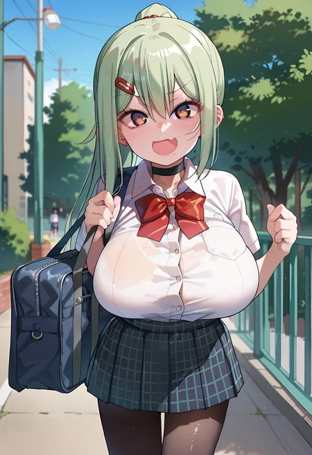 score_9, score_8_up, score_7_up, absurdres, source_anime, 1girl, solo,
<lora:Sorako_MOZU_v1-rev2:1> sorakomozu, brown eyes, black pupils, ponytail, hairclip, huge breasts, short, short stature,
black choker, white shirt, short sleeves, red bowtie, plaid skirt, black pantyhose,
blush, skin fang,
walking, from side, looking at viewer, afternoon,
school bag, hanging a bag from her shoulde, school ,