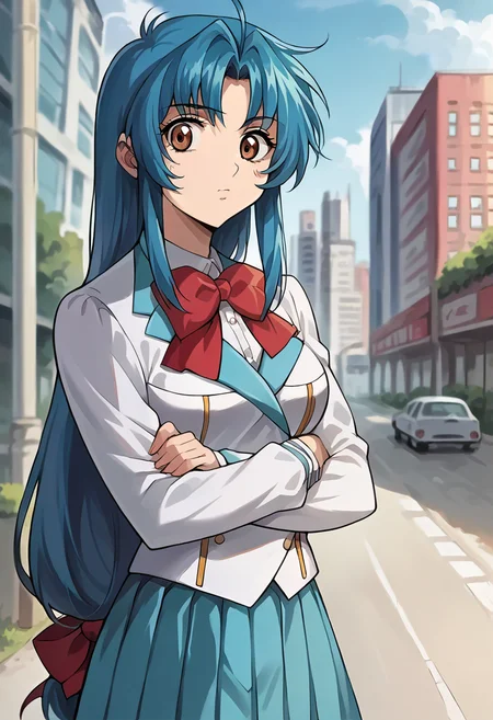 score_9, score_8_up, score_7_up, source_anime, masterpiece, 1girl, ctianchid0ri, blue hair, crossed arms, white blazer, red bowtie, hair ribbon, long sleeves, miniskirt, blue skirt, outdoors, looking at viewer, city, depth of field, sunny, portrait, <lora:Chidori_Kaname_pony_ct:1>