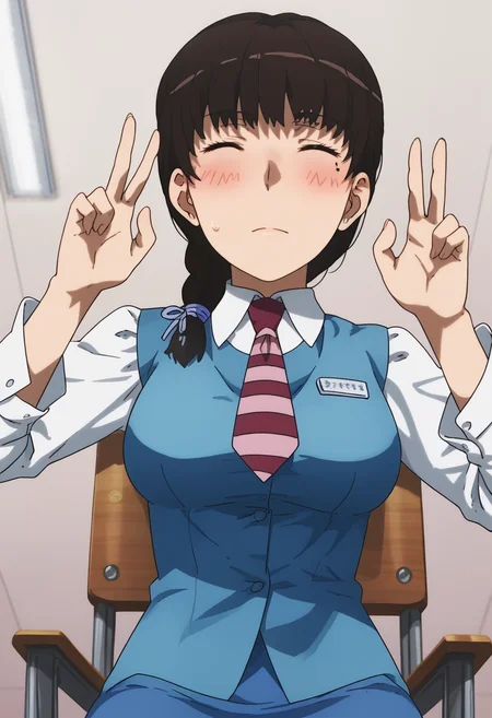 score_9, score_8_up, score_7_up, source_anime, BREAK white background, 1girl, solo, cowboy shot,  <lora:DX888Komachi:1> takamiya komachi, brown hair, braid, mole, , necktie, uniform, pencil skirt, office lady, v pose, blush, closed eyes, sitting, on chair,  from from below,