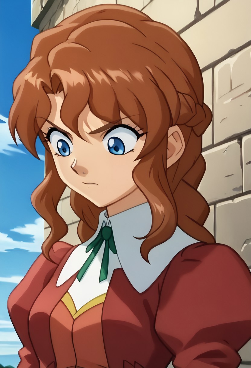 score_7, high_resolution, hyper_detail, finely_detailed,anime_screencap, traditional_media,detailed face,soon, 1girl, solo, brown hair, medium hair, braid, blue eyes, juliet sleeves, puffy sleeves, long sleeves, sky, upper body, cloud, looking down, closed mouth, day, long hair, blue sky, ribbon,red dress