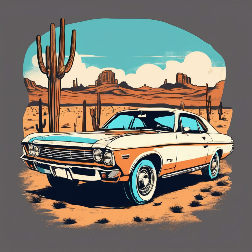 Vintage T-shirt, Classic Car Object, Desert Highway Landscape, Retro Color Palette, Distressed Texture, Sketch Style, Horizon Perspective
, TshirtDesignAF<lora:TshirtDesignAF:1>