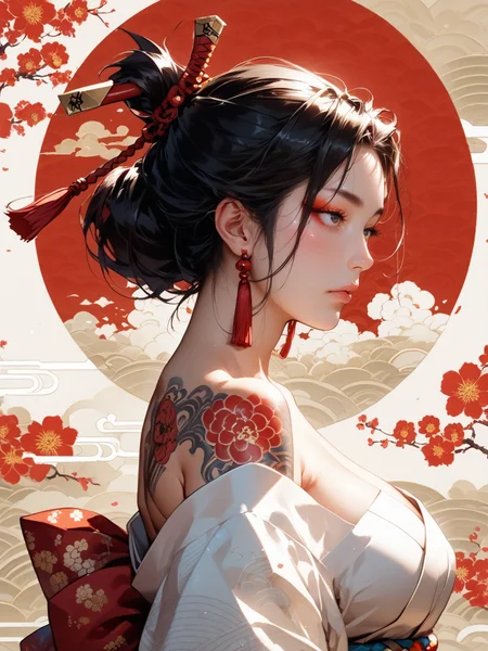 score_9, score_8_up, score_7_up,
masterpiece, best_quality, (2.8d), sfw.
1girl, 20 years old, beautiful japanese woman,
looking away, expressionless, blush.
long eyes, long eyelashes, eyeshadow.
updo hair.
big breasts, fat arm, japanese style pattern tattoo.
wearing a red and white kimono, clothing aside, bare shoulder, tassel.
(large Japanese-style tattoo on full back, Oni-Japanese Ogre tattoo on full back:1), a tattoo depicting an ogre.
(simple japanese style pattern background).
clear color grading, orange and white theme, adaptation of color design rules.
shoot from behind, dynamic angle, upper body shot.
<lora:Style-Hyper-SDXL-12steps-CFG-lora:0.5>
<lora:add_brightness_XL:0.6>
<lora:add_contrast_XL:0.>
<lora:add_outline_XL:0.1>
<lora:add_saturation_XL:0.1>
<lora:Sinozick_Style_XL_Pony:0.> sinozick style,
<lora:Fant5yP0ny:0.5>