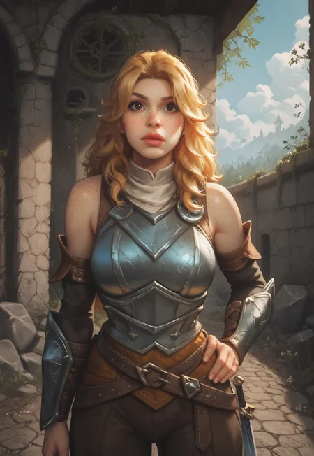 safe_pos, masterpiece, best quality, highly detailed, score_9, score_8_up, score_7_up, score_6_up, score_5_up, score_4_up, H4RD1NG, expressive, Expressiveh, zatanna, detailed background, clutter, dynamic pose, movement, dynamic, detailed background, clutter, movement, dynamic, abandoned, detailed clothing, detailed armor, detailed face, detailed eyes.
1girl, long hair, adventurers clothing, paladin armor, half plate armor, shield on back, sword on hip,
golden blonde hair, wavy texture, fringe. hair past shoulders.
Pale skin, lots of dark freckles, rosy nose and cheeks
lots of dark freckles, dark freckles on face, dark freckles on shoulders, dark freckles on neck.
Dark brown/black eyes
Button nose
Short and thick.
fantasy dwarf race.
plump lips.
Stone building background. wall, Abandoned, ivy, moss, flowers, rock, cobblestone,