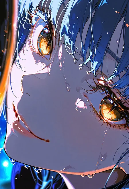 masterpiece, best quality, good quality, newest, highres, absurdres, uncensored,
BREAK 
detail background, very awa, absolutely eye-catching, (beautiful face), 
BREAK
amazing quality, best quality, ultra-detailed, 8K, illustration, CG, ultra-detailed-eyes, cute girl, eyelashes
BREAK
(sexy, slutty, hot, aroused) (only girl, solo foucus)
BREAK 
parted lips, puffy lips, smile, seductive expression, wet hair, wet, from above, blurry foreground, 
BREAK 
perfect composition, solo, 1girl, extreme eye close up, eye focus, eye reflection, wide eyed, eyelashes, blank stare, (looking at viewer), eye focus, light smile
BREAK
professional lighting, , Photorealistic, source_real, 8k, night, blurry background, sharp focus, (extreme close:2.0), golden eyes, glowing eyes, slit pupils, blue hair, perfect nose,
(by yoneyama mai, rolua, roitz \( roitz \):1.25), colored lines, (ONE EYE FOCUS)