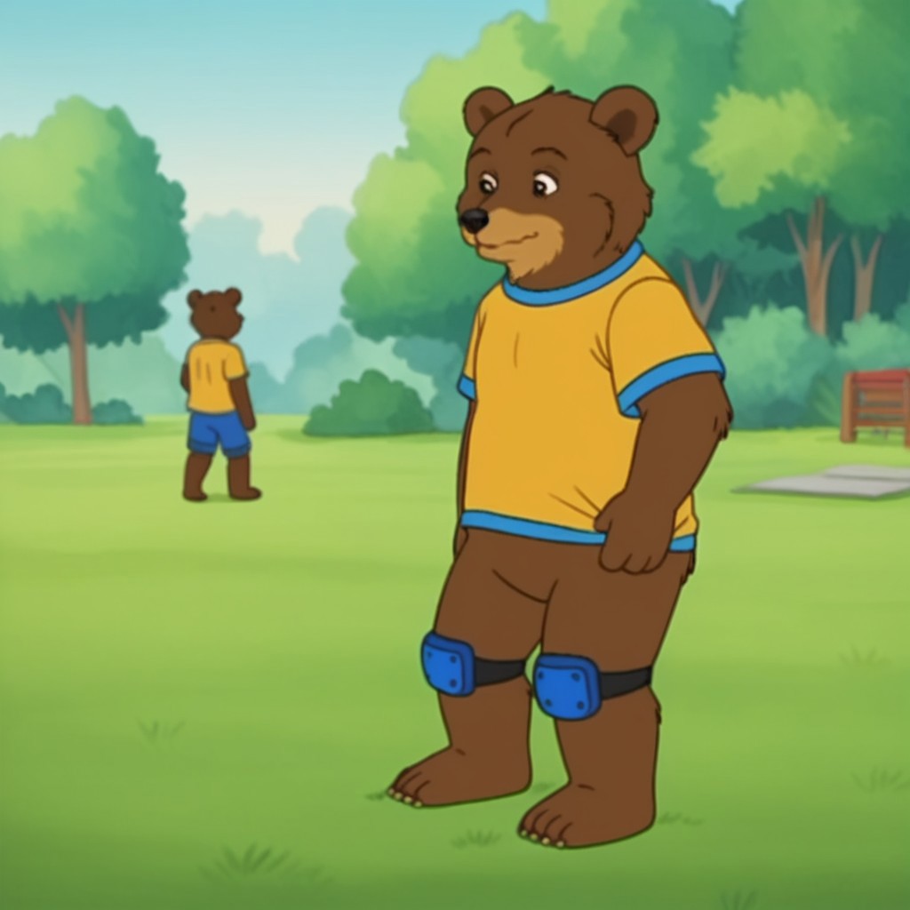 score_9, score_8_up, score_7_up, score_6_up, score_5_up, score_4_up, source_furry, bearfrnkln, semi-anthro, male, bear, brown fur, yellow shirt, blue knee pads, outside, standing, in a field, playing soccer,