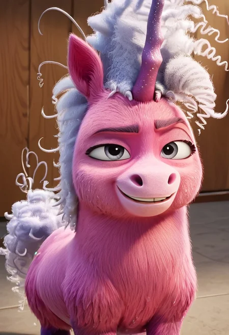 thelma unicorn, single horn,1girl, small unicorn, short body, female unicorn, grey eyes, two-toned fur, pink and purple fur, white hair, curly hair, white tail, curly tail, feral, score_8_up, score_7_up, BREAK, 1girl, solo, looking at viewer, cute, smiling, smug, from above, female focus, looking at viewer, detailed background, 4k, masterpiece, best quality, highly detailed, 3d, full shot, realistic, 3d,