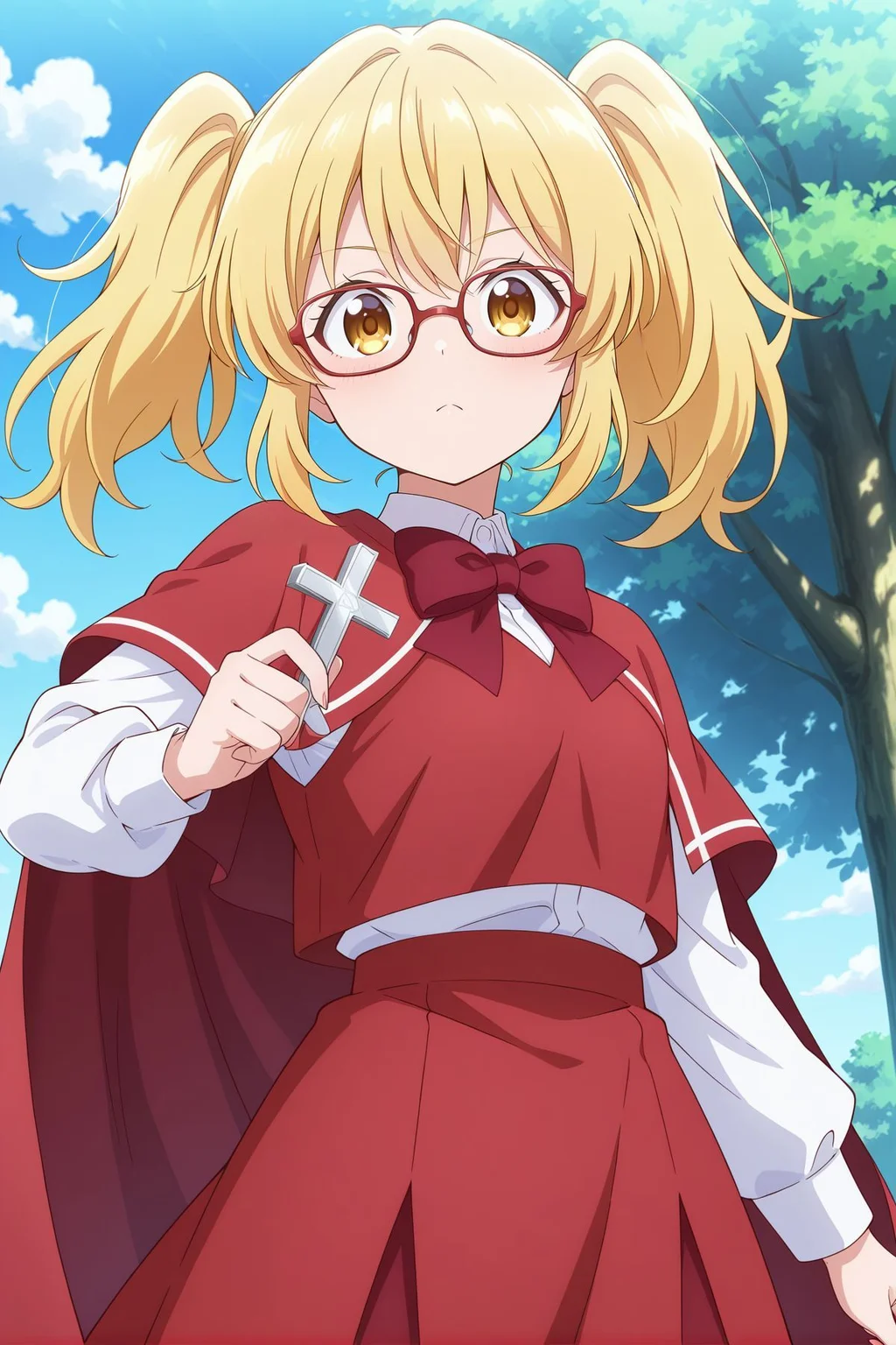 absurdres, highres, masterpiece, best quality, amazing quality, official anime artwork, screencap, anime screencap, outdoors, looking at viewer, dynamic pose,
 <lora:Chiyuri-Kitashirakawa_Illustrious:1> kitashirakawa chiyuri, 1girl, solo, yellow eyes, blonde hair, two side up, small breasts,, red bowtie, red capelet, red cape, red-framed eyewear, white shirt, long sleeves, red vest, red skirt, holding cross,