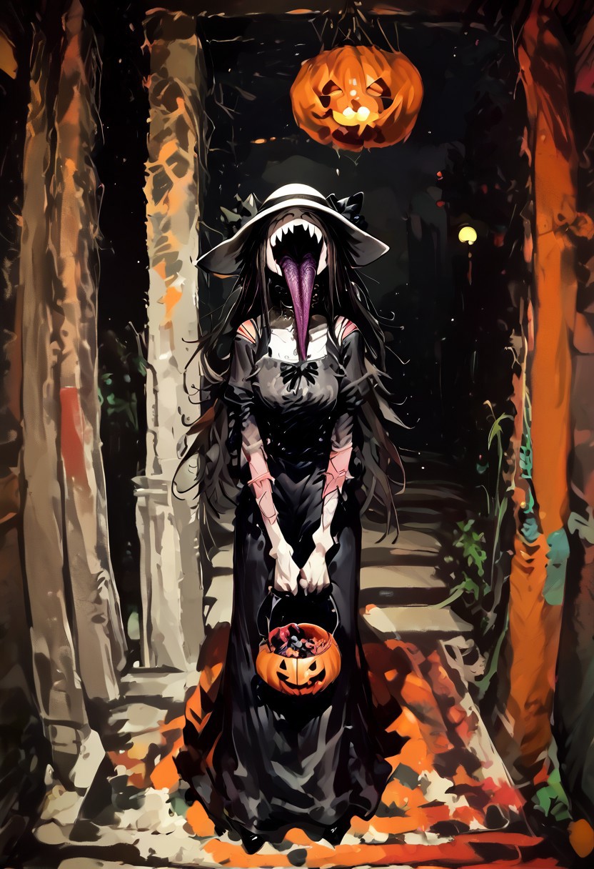 score_9, score_up_8, masterpiece, best quality, explicit, 
hasshaku-sama, mature woman, large woman, tall woman, sagging breast, enormous breast, long hair, black hair, horror (theme), collar bone, bony body, skinny, anorexic, fall season, trees, red yellow and orange leaves, falling leaves, night,  Expressiveh,  
 teeth, tongue, open mouth, horror, blood, (((stiches, scars))), black tongue, very long tongue, black tears, full body, tr1ck0rtr3at, holding, halloween bucket, doorway, street background, white bloodstained dress, white sunhat, covered breasts