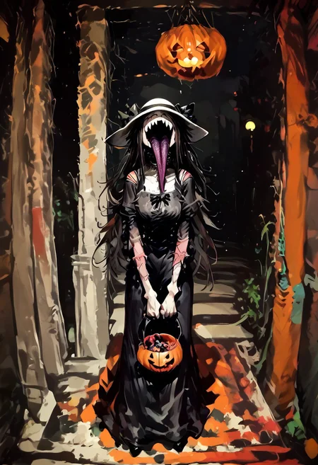 score_9, score_up_8, masterpiece, best quality, explicit, 
hasshaku-sama, mature woman, large woman, tall woman, sagging breast, enormous breast, long hair, black hair, horror (theme), collar bone, bony body, skinny, anorexic, fall season, trees, red yellow and orange leaves, falling leaves, night,  Expressiveh,  
 teeth, tongue, open mouth, horror, blood, (((stiches, scars))), black tongue, very long tongue, black tears, full body, tr1ck0rtr3at, holding, halloween bucket, doorway, street background, white bloodstained dress, white sunhat, covered breasts