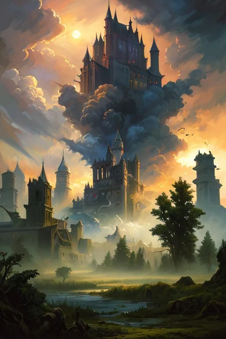 hyperrealism oil painting, ghost of the castle,
thunderstorm, and many small clouds, and slightly cloudy, fantasy forest,
an expansive ancient forest, featuring towering oaks, diverse wildlife, a variety of flora,FanRu,guiguai,
{dawn|dusk|night},