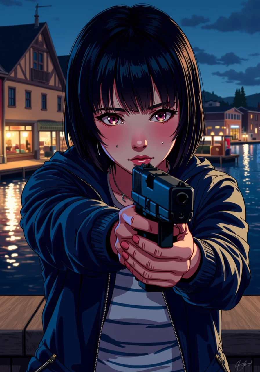 detailed digital illustration of a young woman aiming a matte black G17Model Glock pistol, she wears demin jacket, striped shirt outfit, at Riverside dock background, at night,, A digital artwork in the style of cknc<lora:ck-nc-cyberpunk-V2-000013.safetensors:1.0:1.0> <lora:Glock (G17)_epoch_12.safetensors:1:1>
