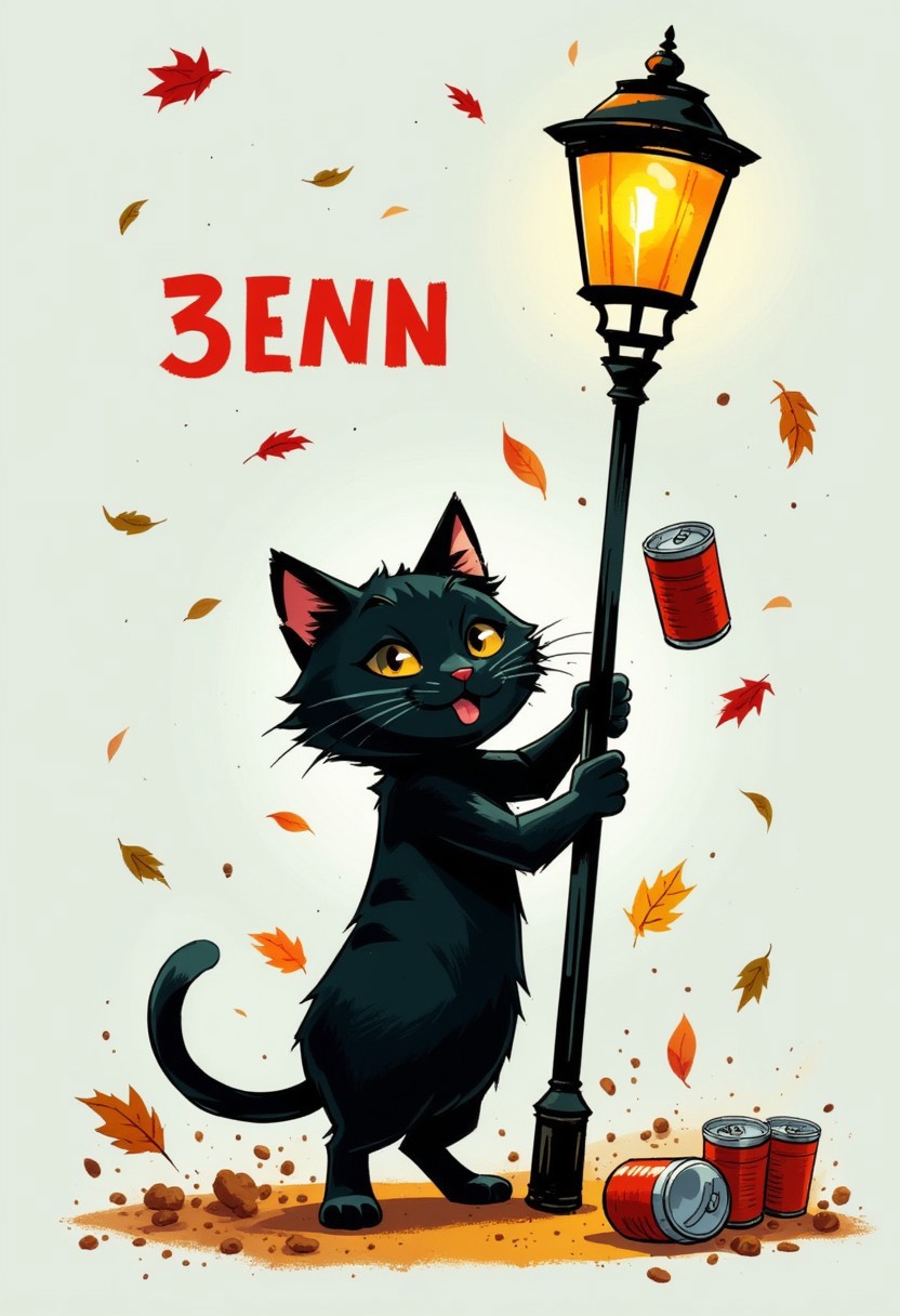 Illustration of a little black kitty holding into a streetlamp pole while a really strong wind is blowing. leaves and empty cans are flying through the air. Text on screen in red letters "颱風來了"