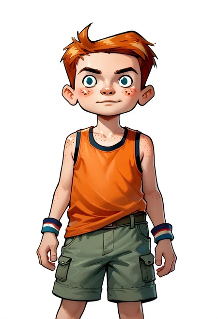 DarirStyle
score_9, score_8_up, score_7_up, 1boy, solo, male focus, Todd_Daring, Blue Eyes, Orange Hair, Freckles, tank top, shorts