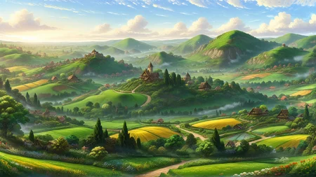 Realistic landscape painting of the English countryside, inspired by Thomas Moran and Claude Monet, with rolling hills, vibrant green fields, and a small village in the distance. (Long shot), soft natural lighting, intricate details capturing the essence of nature. <lora:SDXLFaeTastic2400:0.8> <lora:detailed_notrigger:0.8> <lora:PE_AnimeBG:0.8> PEAnimeBG, Background, anime, scenery <lora:ral-anmwrlds-sdxl:0.8> ral-anmwrlds