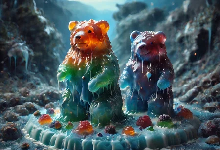 high quality, (Domination of the blue color:2), Jellystyle, stone bridge<lora:bad_prompt_version2-neg:1> <lora:By bad artist -neg:1> <lora:Jelly_Style:1> (rainbow color grading:1.5). (Icing milk:2). (Sugar coating :1). berry made of jelly. River of milk. ais-chocsauce Mountains. Crystallized Sugar Rain. The floor is covered with honey. Multi-colored Jellystyle bears.
(Fish) Made of gum with glowing precious stones is shown into the jello realm. From the right of the frame, the Jellystyle bears.
CastleBreizh XL Mk8 on the left.
Asymetric composition, dynamic pose, field of depth, grass in the foreground. Close-up view from below.