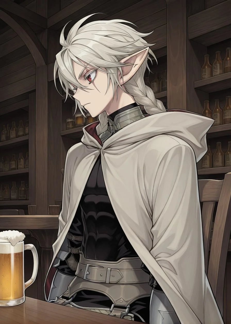 masterpiece, best quality, arms at sides, male focus, 1boy, male, indoors, bar background, holding jug, drinking beer, sitting on chair, table, facing to the side, solo,
<lora:Koinzell:0.8>, Koinz0l, red eyes, platinum blonde hair, scar across eye, pointy ears, twin braid, platinum blonde eyelashes, cape, hooded cloak,