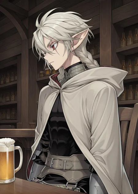 masterpiece, best quality, arms at sides, male focus, 1boy, male, indoors, bar background, holding jug, drinking beer, sitting on chair, table, facing to the side, solo,
<lora:Koinzell:0.8>, Koinz0l, red eyes, platinum blonde hair, scar across eye, pointy ears, twin braid, platinum blonde eyelashes, cape, hooded cloak,