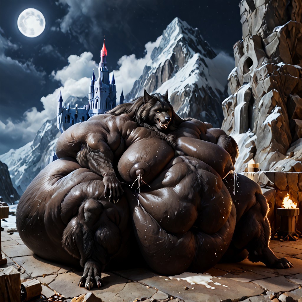 score 9, score 8, score 7, score 6, 1male, hyper muscular morbidly obese furry male, hyper huge furry breasts, huge furry belly, solo, black fur, animal ears, yellow eyes, sharp teeth, claws, werewolf, lactating, huge nipples, digitigrade, tall mountainous muscular back, hyper huge fat ass, huge abdominals, enormously immobile fat muscular werewolf, sweat, furry male, hyper muscular arms, hyper muscular legs, full moon castle scene