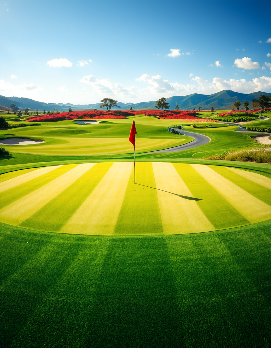 A stunning golf course captured in a high-resolution photograph, bathed in warm sunlight during the golden hour. The vast landscape features lush, perfectly manicured green fairways stretching into the distance, surrounded by rolling hills and scattered sand bunkers with smooth, raked surfaces. A crystal-clear water hazard reflects the sky, adding depth to the scenery. In the foreground, a pristine white golf ball rests on the neatly trimmed grass near a wooden tee marker. A red flag flutters gently atop a flagstick, marking the hole on the undulating green. Tall palm trees or majestic pines line the course, casting long shadows. The background showcases a breathtaking view of distant mountains or a serene blue ocean, enhancing the sense of tranquility and luxury. The sky is a brilliant shade of blue with soft, wispy clouds. The overall composition exudes elegance, precision, and the beauty of nature, capturing the essence of a world-class golf course.
<lora:SDXLFaeTastic2400:0.4> <lora:extremely_detailed:0.4> extremely detailed,<lora:golf_course:1>,golf c0urs3, Masterpiece,best quality,hi res,8k,hi res,8k,award winning,(sharp focus, intricate, highly detailed),