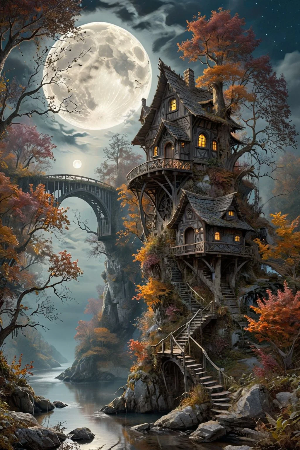 Pen and Ink Drawing, full tree quarter view of (Fairytale:1.3) hut on (two legs:1.6) on cliff in fantastic dark autumn forest, flowers, river, arched bridge, waterfall, (huge full moon:1.4), stars, light clouds and fog, silence, calmness,
8k, high resolution, Complex contrast, vibrant, extremely detailed,
style of Neal Adams, Arthur Adams,
<lora:HDRv1:1>, <lora:add-detail-xl:0.8>, fractalvines, <lora:Fractal_Vines:0.7>
