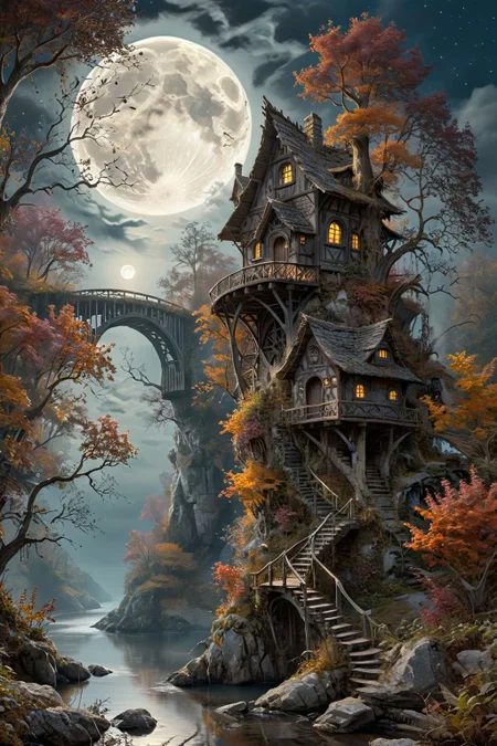 Pen and Ink Drawing, full tree quarter view  of (Fairytale:1.3) hut on (two legs:1.6) on cliff in fantastic dark autumn forest, flowers, river, arched bridge, waterfall, (huge full moon:1.4), stars, light clouds and fog, silence, calmness,
8k, high resolution, Complex contrast, vibrant, extremely detailed,
style of Neal Adams, Arthur Adams,
<lora:HDRv1:1>, <lora:add-detail-xl:0.8>, fractalvines, <lora:Fractal_Vines:0.7>